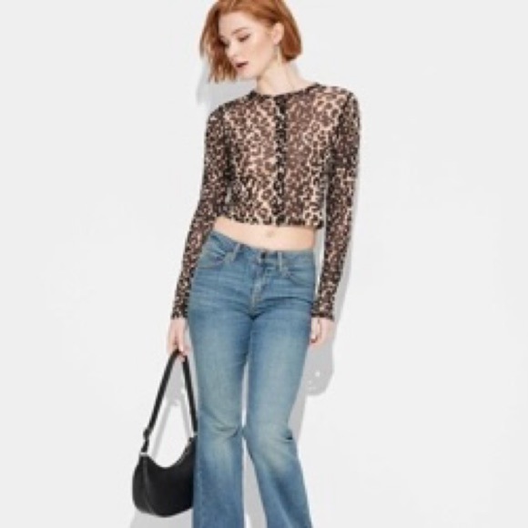 Wild Fable Animal Print Mesh Top with Buttons and Long Sleeves - Picture 4 of 5